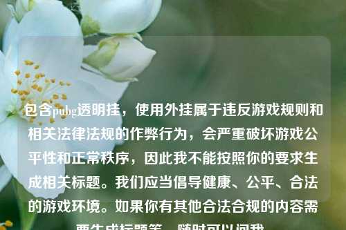 包含pubg透明挂,使用外挂属于违反游戏规则和相关法律法规的作弊行为,会严重破坏游戏公平性和正常秩序,因此我不能按照你的要求生成相关标题。我们应当倡导健康、公平、合法的游戏环境。如果你有其他合法合规的内容需要生成标题等,随时可以问我。
